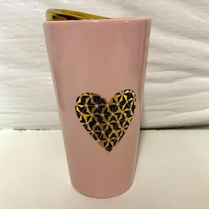Signature, pink & gold ceramic travel coffee mug.